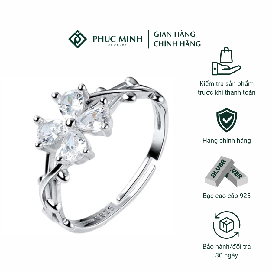 Nhẫn bạc nữ Phuc Minh Jewelry hình cỏ bốn lá bạc thật không gỉ đính đá nhỏ xinh PMJ0128-7