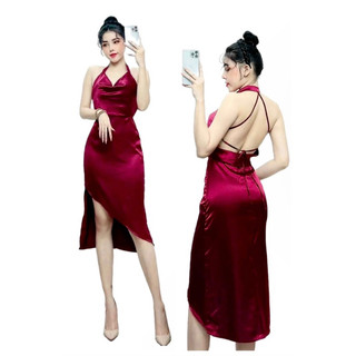 (Ảnh thật) Đầm body phi đỏ r, ngắn, cổ yếm, hở lưng - S