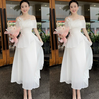 Váy Dự Tiệc trễ Vai ( Giả set ) Phối Nợ Dáng Xoè Dài Chất tơ Tằm Mềm Phong Cách Nhẹ nhàng Cho Nữ - TV870