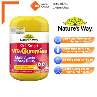 Kẹo Dẻo Cho Bé Nature's Way Kids Smart Vita Gummies Multi Vitamin for Fussy Eaters, Kẹo Đói Kích Thích Ăn Ngon 60 Viên