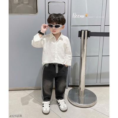 Quần jean Beemo bé trai phối vải linen, chất liệu jean co giãn mặc đi học, đi chơi cho bé từ 9-24kg 4321QDB