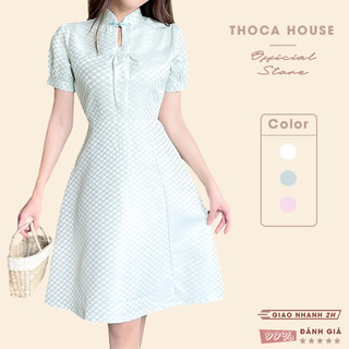 Đầm gấm Tết 2024 dự tiệc cổ tàu tay phồng THOCA HOUSE váy gấm kiểu mặc Tết sang trọng, kiểu cách