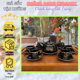 (CHỌN 10 MẪU)Bộ Ấm Chén Pha Trà tận xưởng Bát Tràng-men Hoả Biến Đen vẽ vàng kim Thuận Buồm Xuôi Gió,dáng ấm Tre
