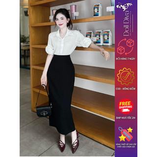 Set Sơ Mi Trắng Doll Diva Phối Tay Hoa Cuộn Mix Chân Váy Thô Dài Chun Lưng Xinh Xắn Tiểu Thư V1296