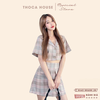  Set vest trẻ trung croptop tay ngắn phối chân váy caro kem THOCA HOUSE chuẩn form