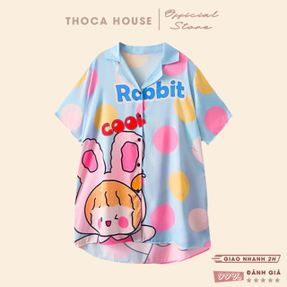 Đầm ngủ nữ lụa latin mặc hè hoạ tiết dễ thương THOCA HOUSE form rộng thoải mái, vày ngủ mặc nhà