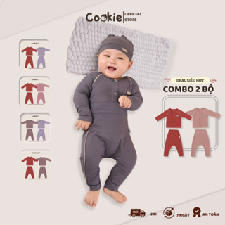 Combo Hai Bộ Sơ Sinh COOKIE, Bộ Quần Áo Sơ Sinh Liền Thân Dài Tay Cài Giữa Lé Viền Cho Bé Size Từ 0 Đến 9 Tháng