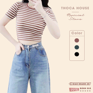 XẢ HÀNG - Áo thun baby tee croptop tăm cổ tròn sọc màu THOCA HOUSE thời thượng trendy, cá tính