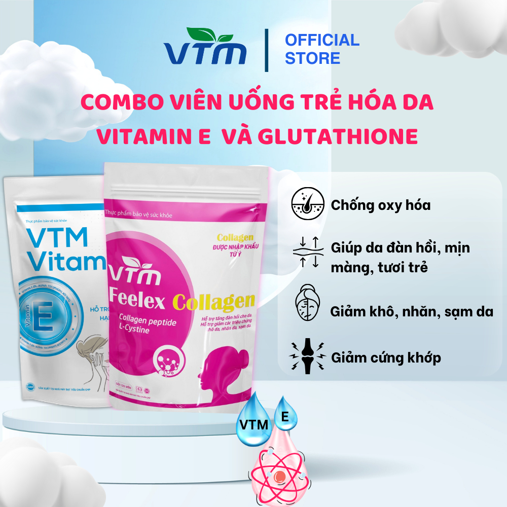 Combo Trẻ Hóa Làn Da, Chống Lão Hóa Viên Uống VTM Collagen, Vitamin E Cấp Ẩm Cho Da