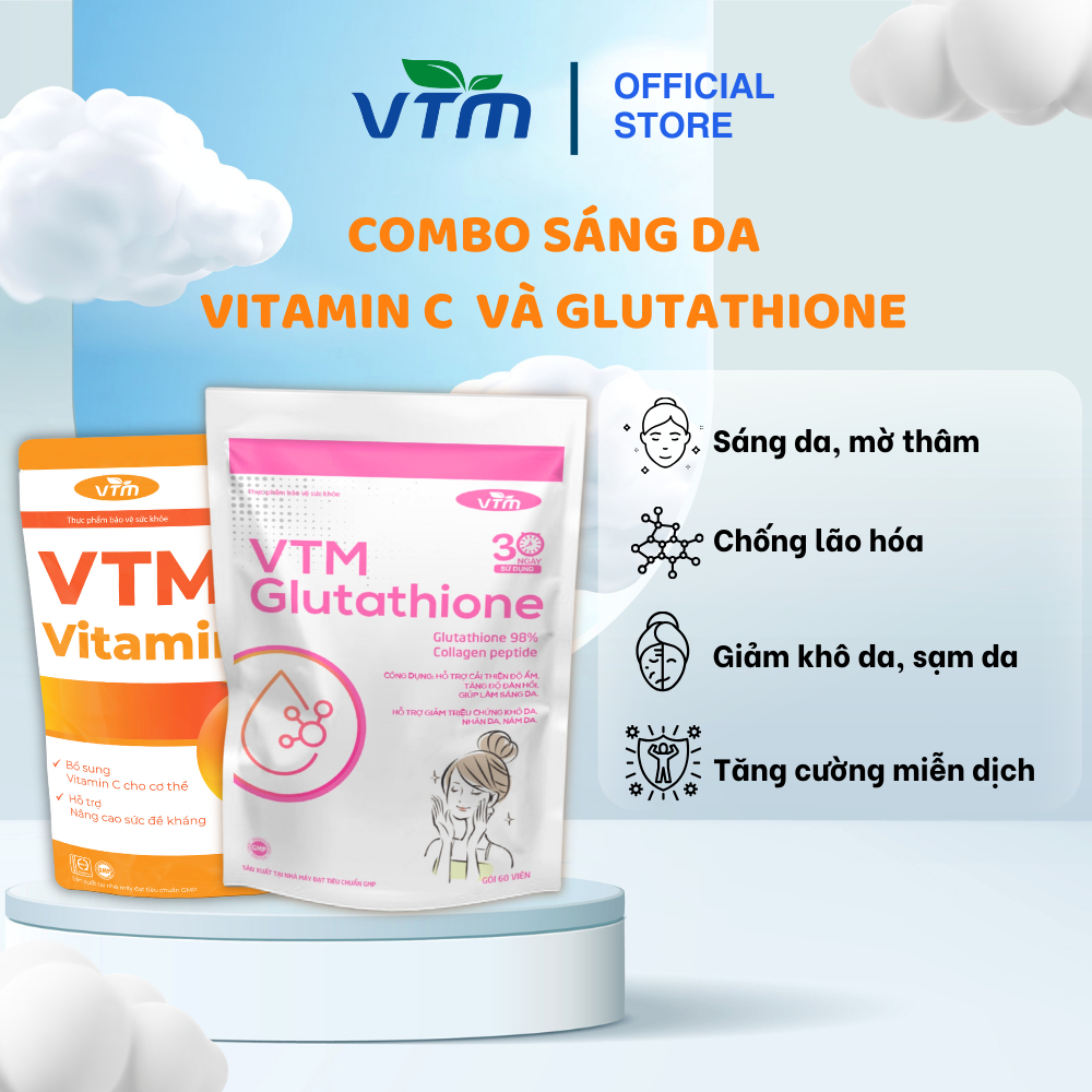 Combo Trắng Da, Mờ Thâm, Chống Lão Hóa Viên Uống VTM Vitamin C, VTM Glutathione