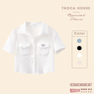 XẢ HÀNG - Áo sơ mi croptop vải xốp tay ngắn túi THOCA HOUSE mặc thường ngày, dễ phối