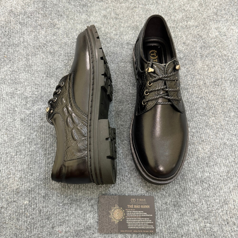 Giày Đốc Nam Cổ Thấp Da Bò Nguyên Tấm In Cá Sấu Màu Đen Đế Cao Su Khâu Chắc Chắn Tăng 3cm Sang Trọng Lich Lãm Tibas