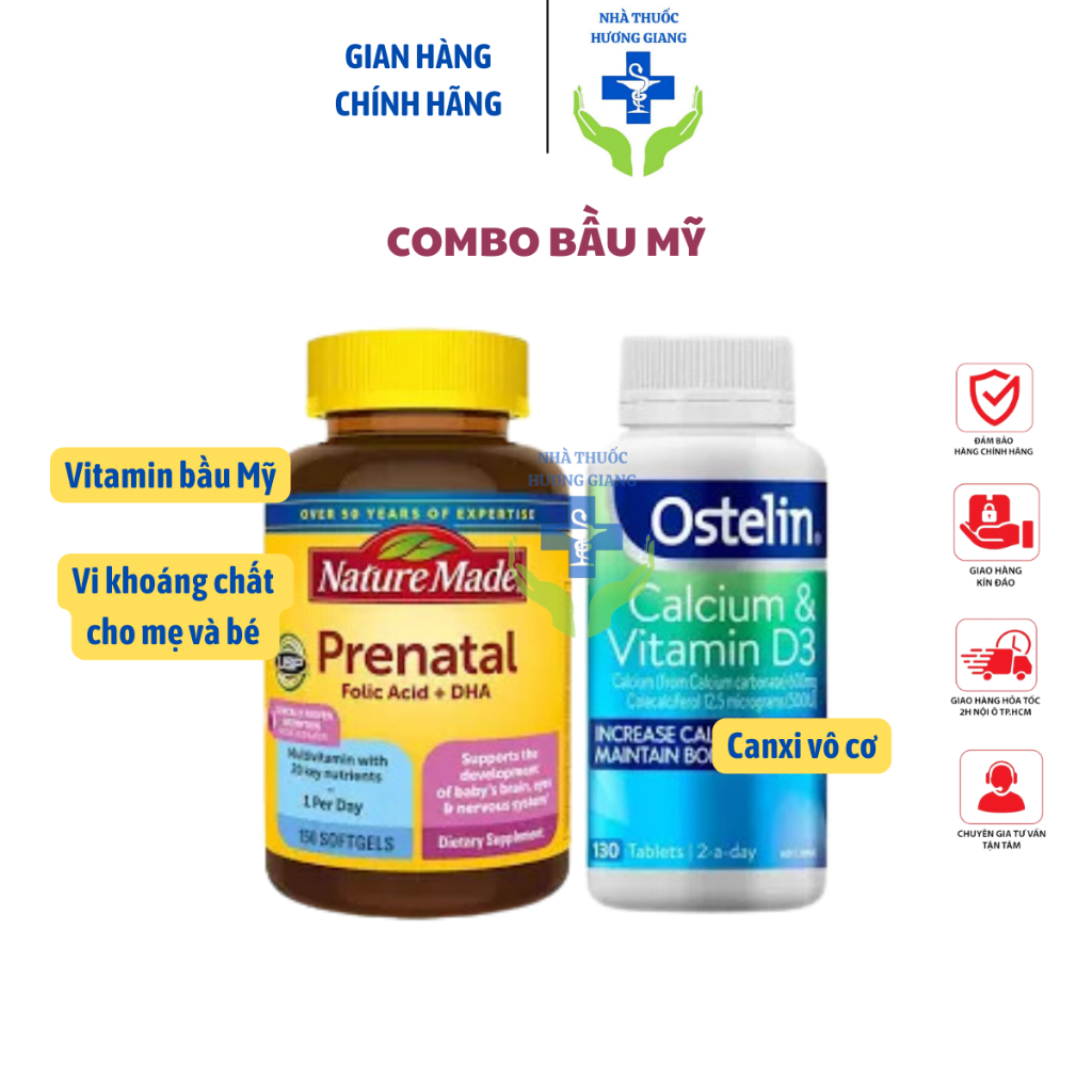 Combo Vitamin Bầu Mỹ Prenatal mẫu mới và Canxi Ostelin giảm loãng xương cho mẹ bầu