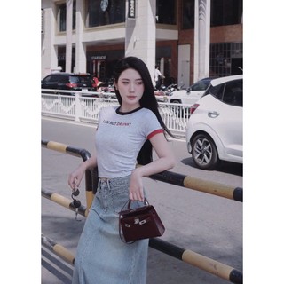 Set áo thun zip croptop cộc tay phối chân váy bò dáng dài basic 112 HH Bộ áo phông ôm tôn dáng mix váy denim MOONYHANOI