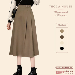Chân váy midi xếp li trơn màu nút kiểu THOCA HOUSE dáng Hàn chuẩn xinh, phối đồ thanh lịch