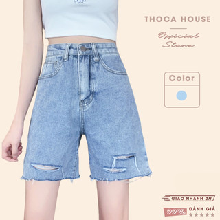Quần jeans nữ ngố cắt kiểu tua lai xanh nhạt THOCA HOUSE sành điệu thời thượng, cá tính năng động