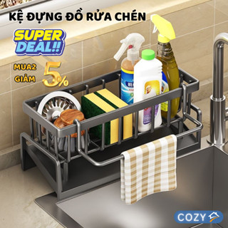Kệ để đồ rửa chén bát, Giá đựng đồ rửa bát chất liệu thép không gỉ tích hợp giá treo khăn tiện lợi