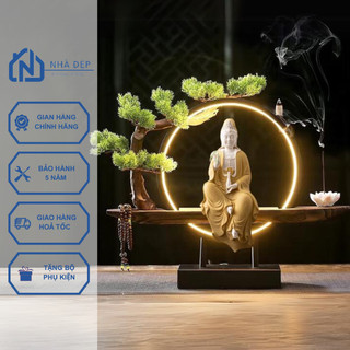 Thác khói trầm hương Tượng Phật Quan Âm kèm kệ đèn led decor phong thủy an nhiên cây xanh tài lộc