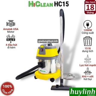 Máy hút bụi công nghiệp Hiclean HC15 - 15 lít - 1200W [HC15 NEW - 1500W]