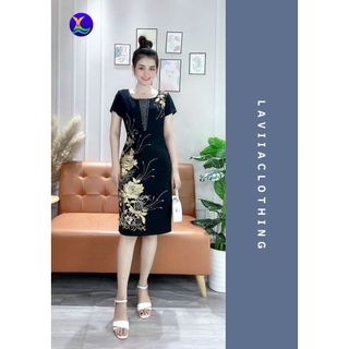 Đầm Trung Niên Laviia Dáng Suông Chất Liệu Vải Cát Nhật Co Giãn Họa Tiết Cườm Hoa Thêu Tay Cao Cấp Sang Trọng_LA11