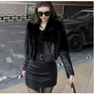 Set chân váy ngắn gợi cảm chất da PU cùng áo khoác lông dáng lửng BLACK SWAN SET