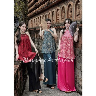 Set Áo dài cách tân cổ yếm phối hở lưng, họa tiết hoa kèm Quần trơn, chất lụa mềm mát