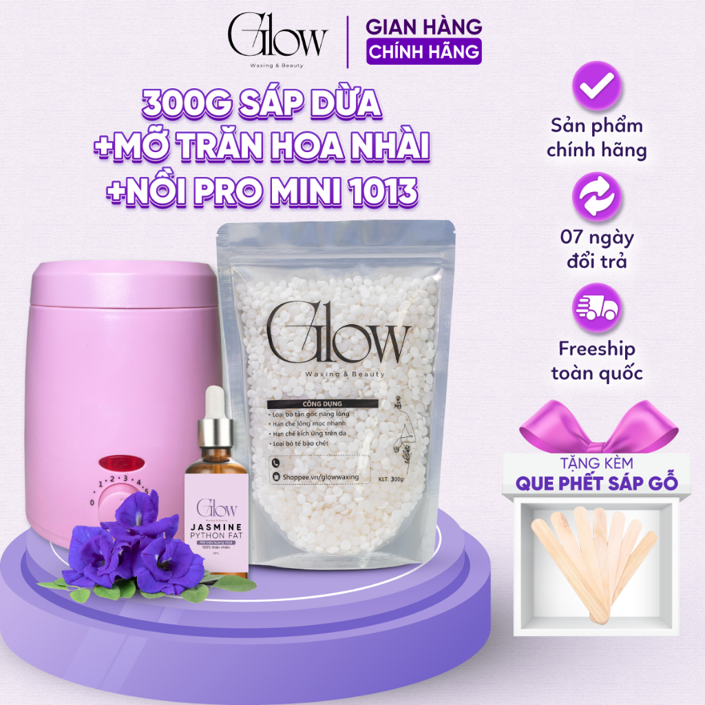  Combo 300gr Sáp Wax Lông Nóng + Nồi Nấu Sáp ProWax 200 Chống Dính Mini GLOW + Mỡ Trăn Hoa Nhài 1013 