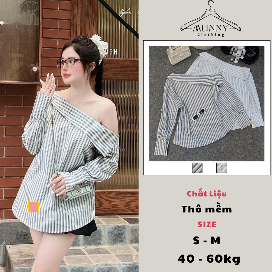 Áo sơ mi kẻ sọc lệch vai MUNNY CLOTHING, áo trễ vai form dấu quần trẻ trung năng động 281