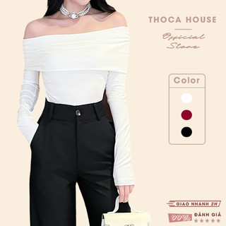 Áo trễ vai thun gân trơn tay dài THOCA HOUSE nữ tính gợi cảm, kiểu cách Hàn Quốc
