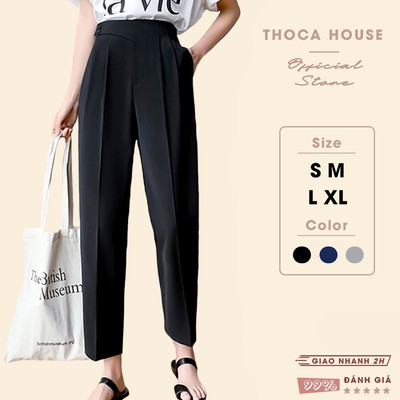 Quần baggy nữ công sở đai chéo lưng thun 9 tấc THOCA HOUSE quần tây nữ trơn màu lửng form tôn dáng