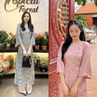  Áo Dài Cách Tân Như Yên Xanh Ghi Mộc An Lụa Tằm Cao Cấp Họa Tiết Gấm Hoa Viên Sang Trọng Tôn Da 