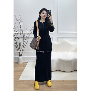 ( Ảnh thật ) 2946 Váy len mỏng dáng dài cúc ngực