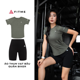 Bộ đồ tập gym yoga Fitme áo thun thể thao vạt bầu Xanh rêu, quần lửng legging Đen vải thun biker cạp cao tôn dáng
