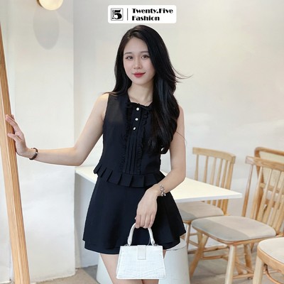 Set áo kiểu nữ Twentyfive sát nách phối bèo ngực, đính nơ AL26 và quần short giả váy, 2 tầng QL16 (Tách set)