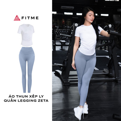 Bộ thể thao tập gym yoga Fitme nữ áo thun xếp ly tôn eo Trắng, quần legging Zeta Xám Xanh