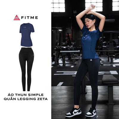 Bộ thể thao tập gym yoga Fitme áo thun Simple thấm thoáng khí Xanh Navy, quần legging Zeta Đen co giãn 4 chiều