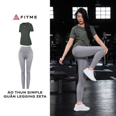 Bộ thể thao tập gym yoga Fitme áo thun Simple thấm thoáng khí Xanh Rêu, quần legging Zeta Rhino Grey