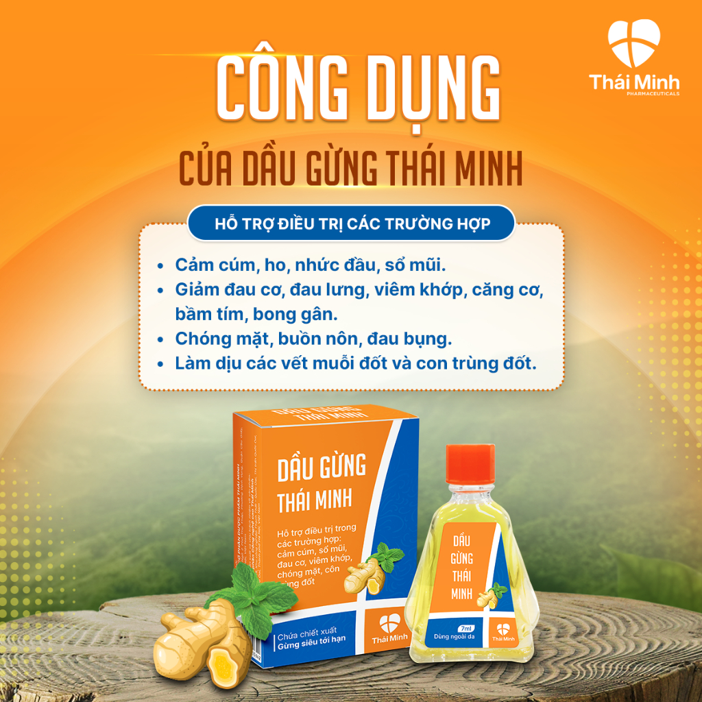 Dầu gió Gừng Thái Minh - Dầu Nóng Xoa Bóp Thảo Dược Giúp làm Giảm Cơn Đau Đầu, Đau Xương Khớp - Lọ 7ml