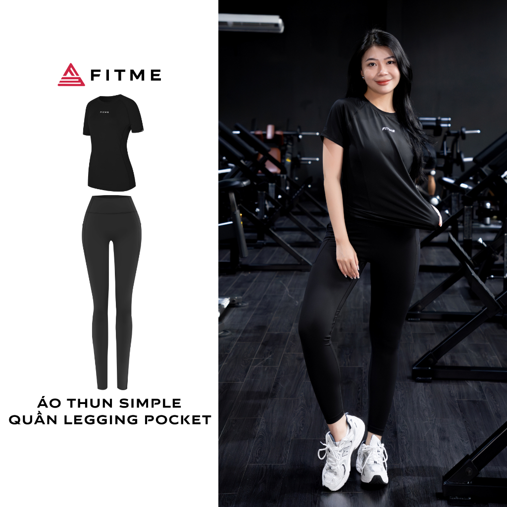 Bộ thể thao tập gym yoga Fitme áo thun Simple thoáng khí, quần legging dài Pocket Đen