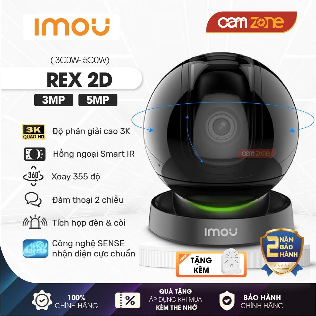 Camera Wifi Trong Nhà IMOU REX 2D 3MP 2K/5MP 3K (GK2DP)-Siêu Nét,Quay 360,Đàm Thoại, Phát Hiện Chuyể