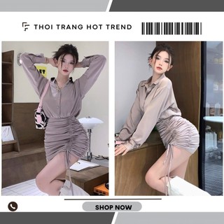 Đầm ôm nữ cổ sơ mi cài nút rút dây tôn dáng siêu sang