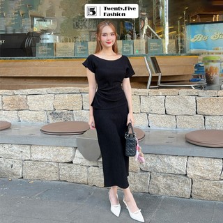 Set áo thun nữ Twetyfive ngắn tay lệch vai AM04 và chân váy dài dáng ôm CM01 (Tách set)