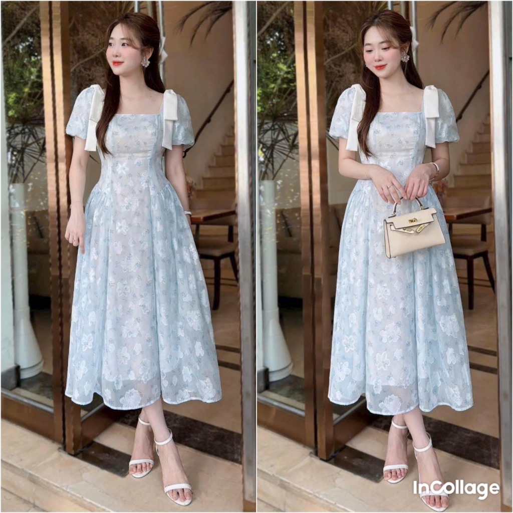 Đầm voan hoa tay phồng phối nơ vai thích hợp mặc đi chơi đi tiệc cực xinh (có lót)