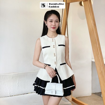 Chân váy nữ Twentyfive ngắn xếp ly, 2 tầng, phối trắng CL18