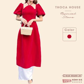 Set áo dài cách tân cổ yếm đỏ phối quần dài trắng THOCA HOUSE trang trọng mặc Tết 2024