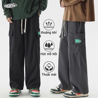 OKKAY quần cargo pants nam Quần ống đứng Quần Túi Hộp Nam Xám Đen unisex dây rút quần quần hiphop nam Thoải mái Rộng rãi