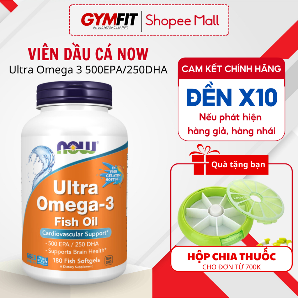 Dầu cá Omega 3 Ultra NOW 500 EPA 250 DHA bổ mắt hỗ trợ sức khỏe tim mạch của Mỹ 90 viên