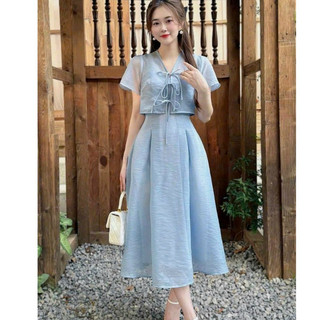 *Đầm thời trang nữ mặc đi chơi chất Đầm tơ nén kèm áo khoác tay ngăn cột nơ dáng váy xếp ly bo eo dài maxi tôn dáng