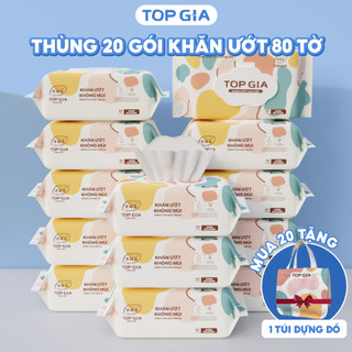 Thùng 20 gói Khăn ướt 80 tờ tặng túi đựng đồ Topgia giấy ướt không mùi không parabens dành cho em bé