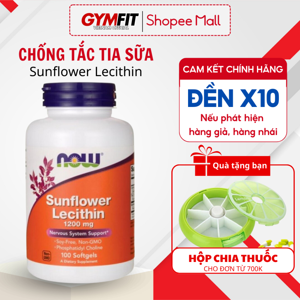 Chống tắc tia sữa Sunflower Lecithin NOW làm loãng sữa, giảm tình trạng sữa bị đông vón cục 100 viên